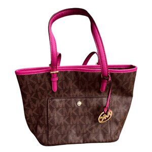 Michael Kors Tote Bag Jet Set 30S7GTTT8B Dark Brown Pink PVC Leather Used